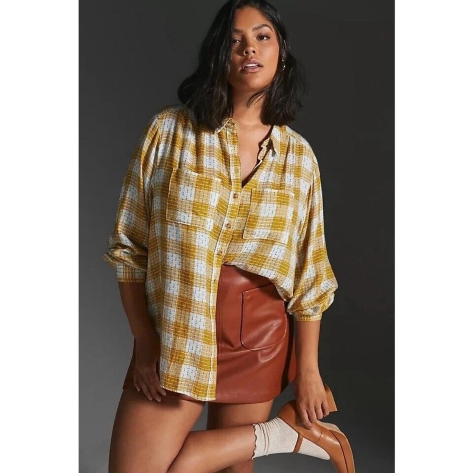 NEW Anthropologie’s Pilcro Yellow Motif Mustard Plaid Stitched Shirt Size XXS