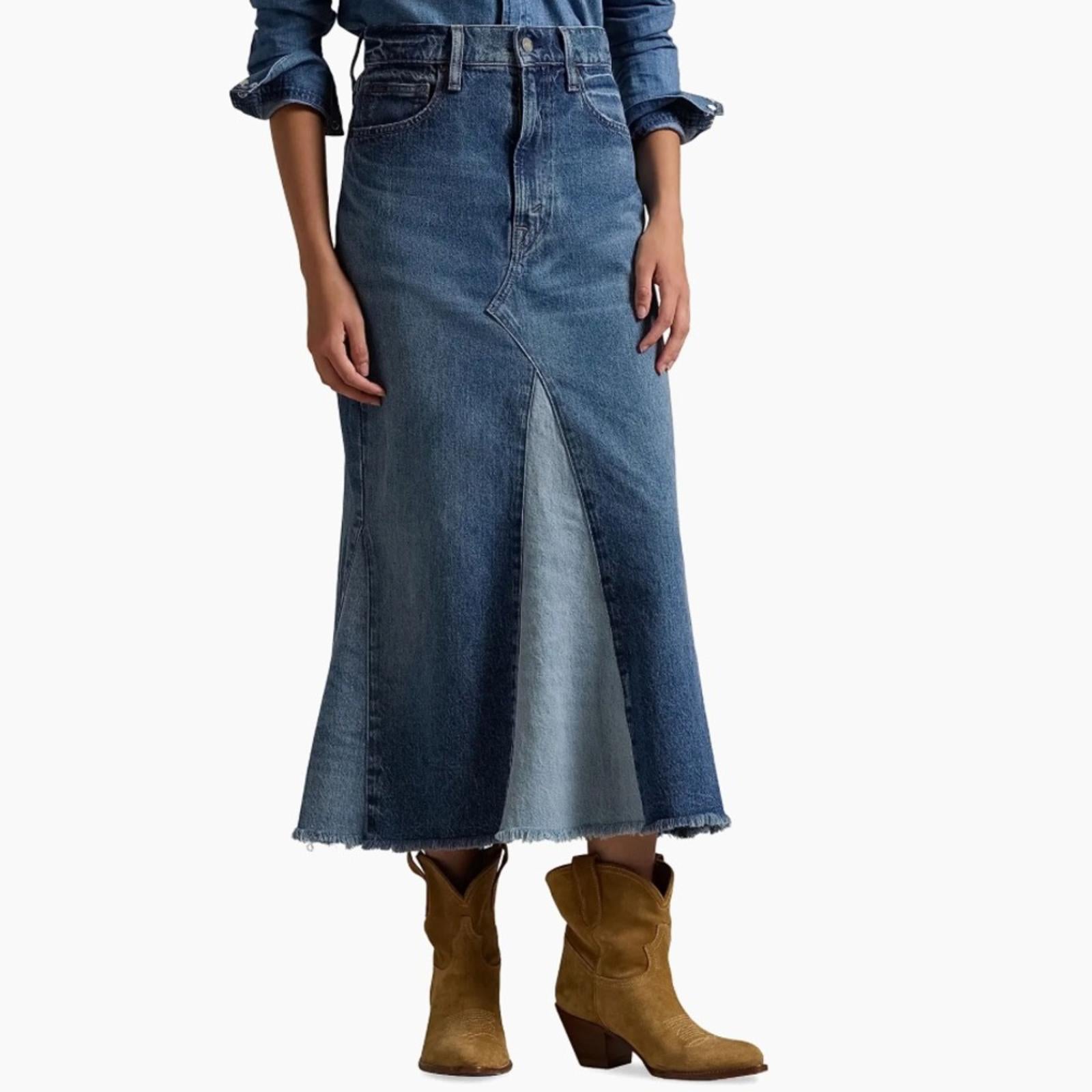 Polo Ralph Lauren Deconstructed Patchwork Denim Midi-Skirt in Blue, Size 28, NEW