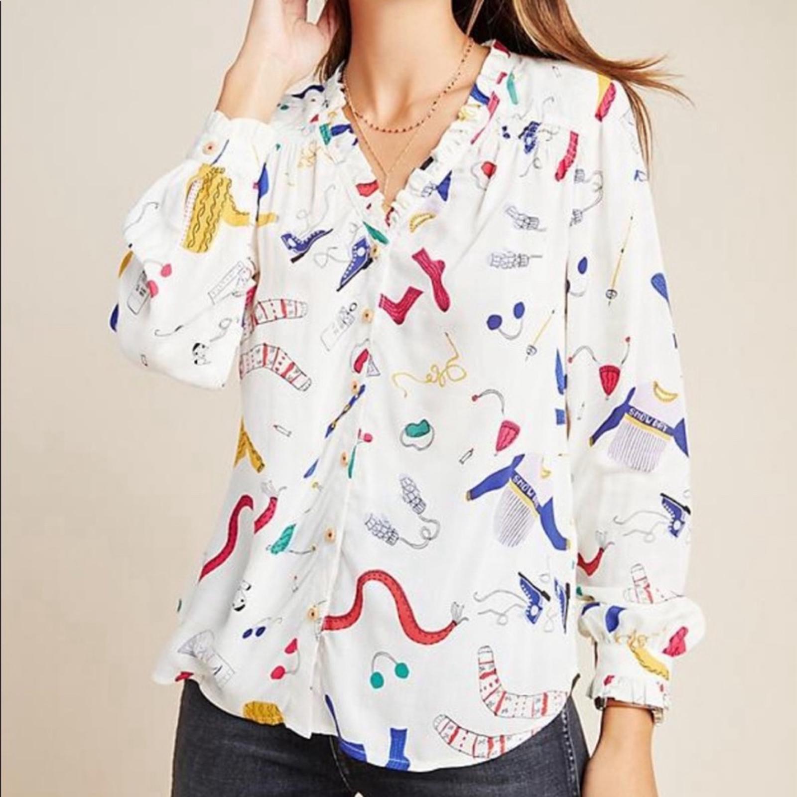Anthropologie’s Maeve Marisol Ruffled Winter Ski Print Blouse, Size 8