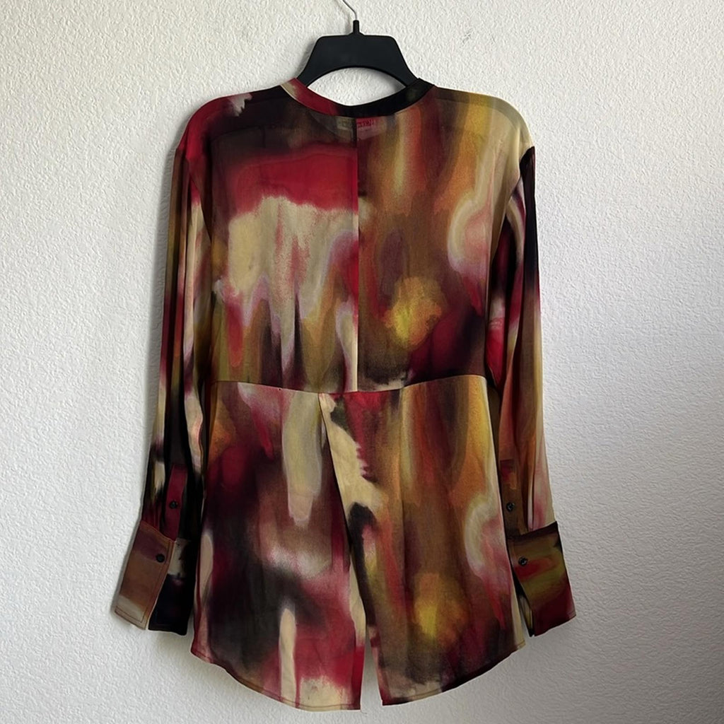 Calvin Klein Beige Ruched Waist Printed Tunic Button-Up Top, NWT, Size S