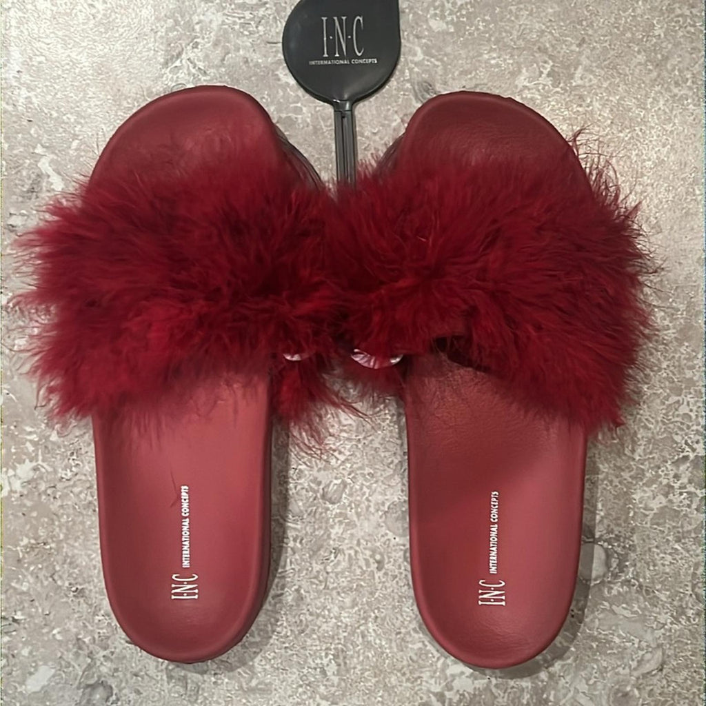 INC Faux-Marabou Slide Slippers in Red, Size XL 11/12 New w/Tag