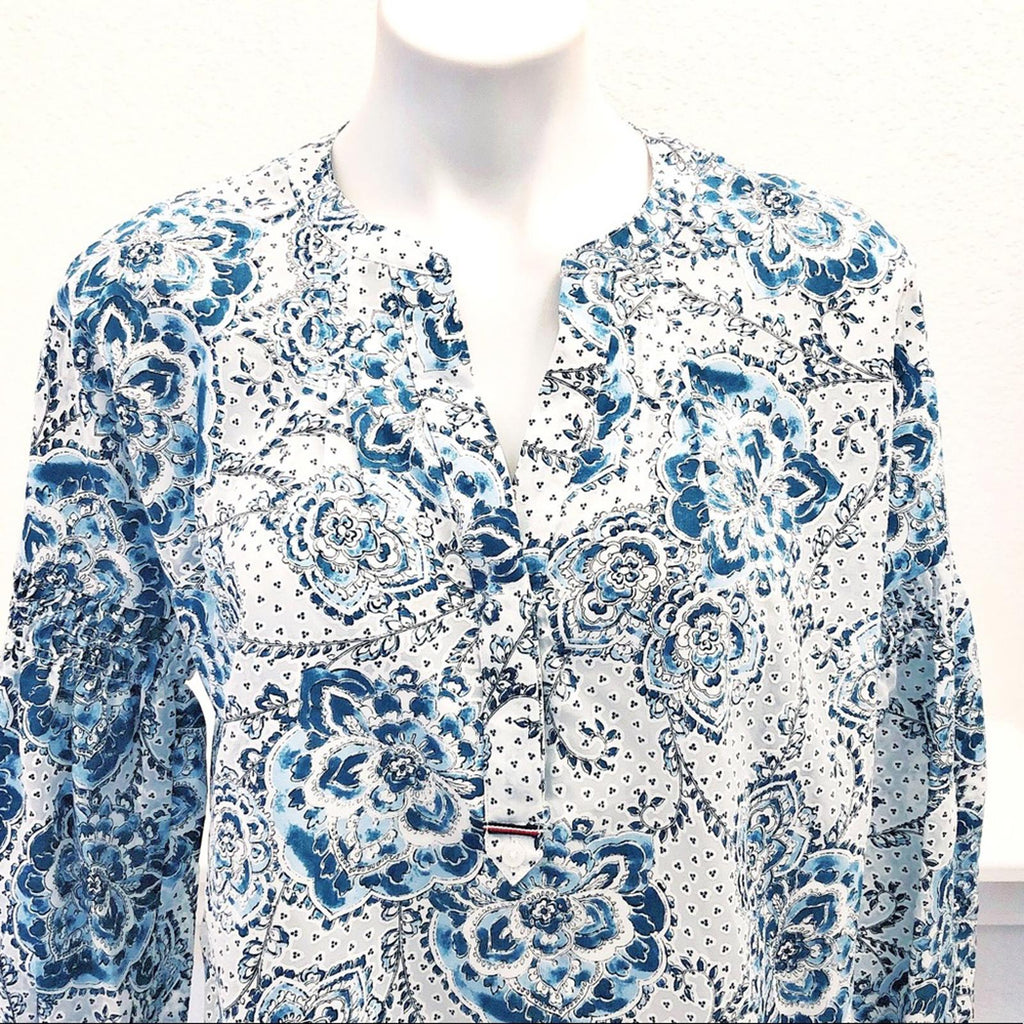 NWT Tommy Hilfiger Printed Blouson-Sleeve Blouse in Blue White Size S New w/Tag