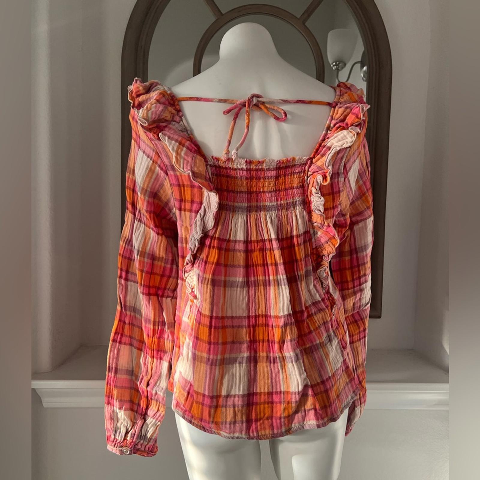 Free People Siena Plaid Long Sleeve Ruffle Top Cotton Size XS New w/Tag