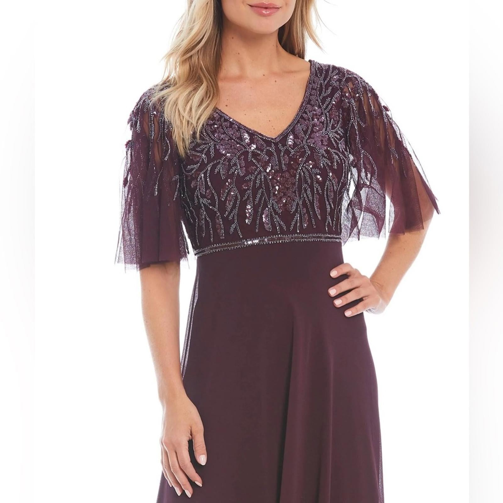JKara Flutter Sleeve V-Neck Full-Length Dress, Burgundy Size 12 New w/Tag $319