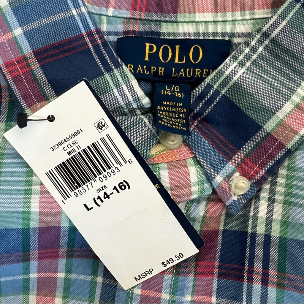 Ralph Lauren Plaid Oxford Short-Sleeve Shirt in Blue Multi, Size L(14-16), NWT