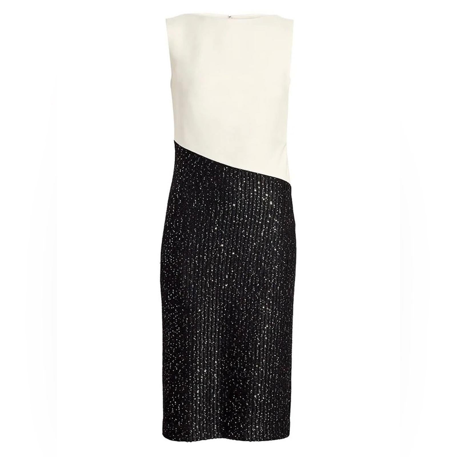 St. John Colorblock Tuxedo Bodice Dress w/Sequin Ribbed Knit, Size 10 NWT $1395