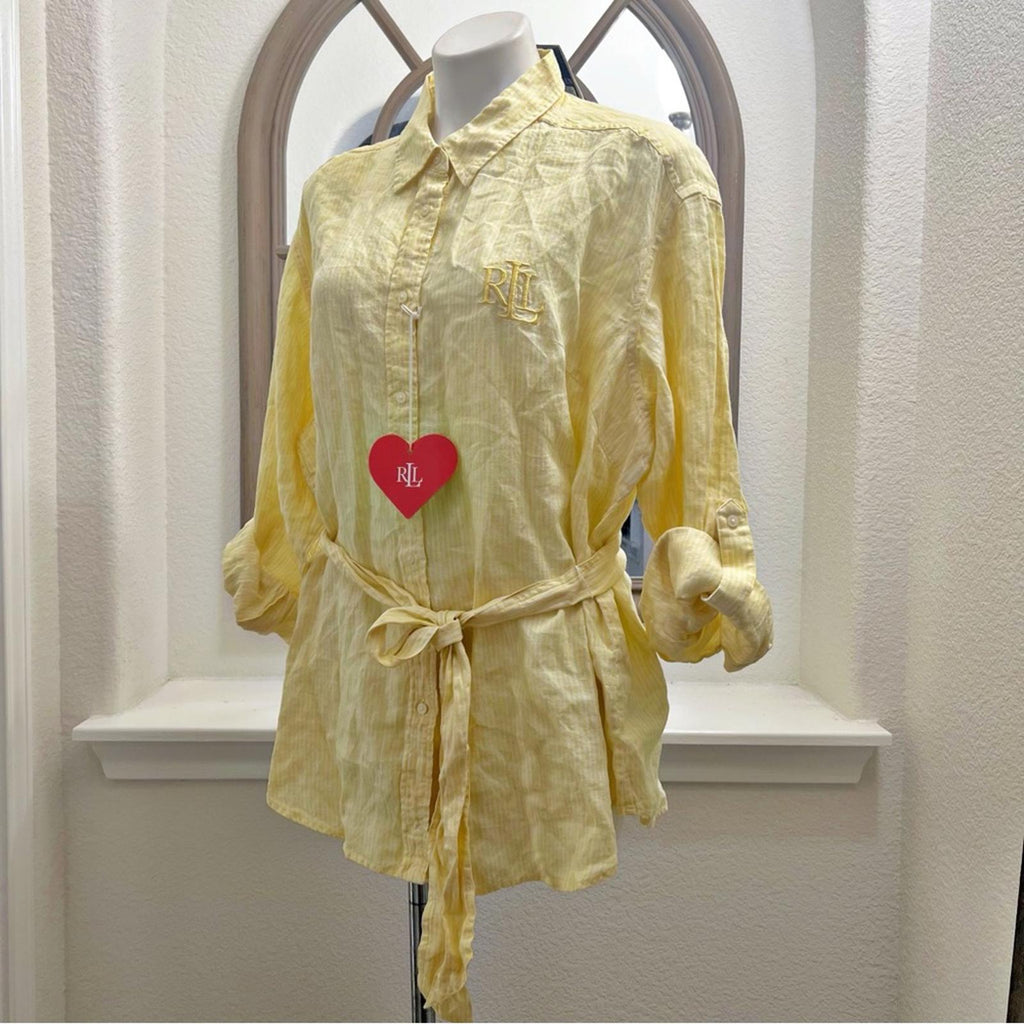 Lauren Ralph Lauren Linen Belted Tunic Blouse in Yellow, Plus Size 2X NEW