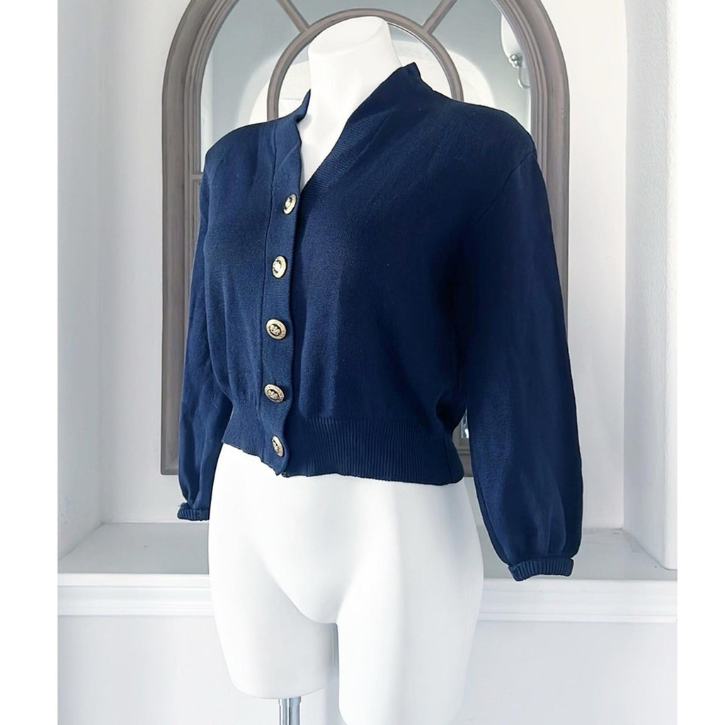 St. John Navy Knit Cardigan w/Signature Branded Buttons, Size S EXCELLENT!