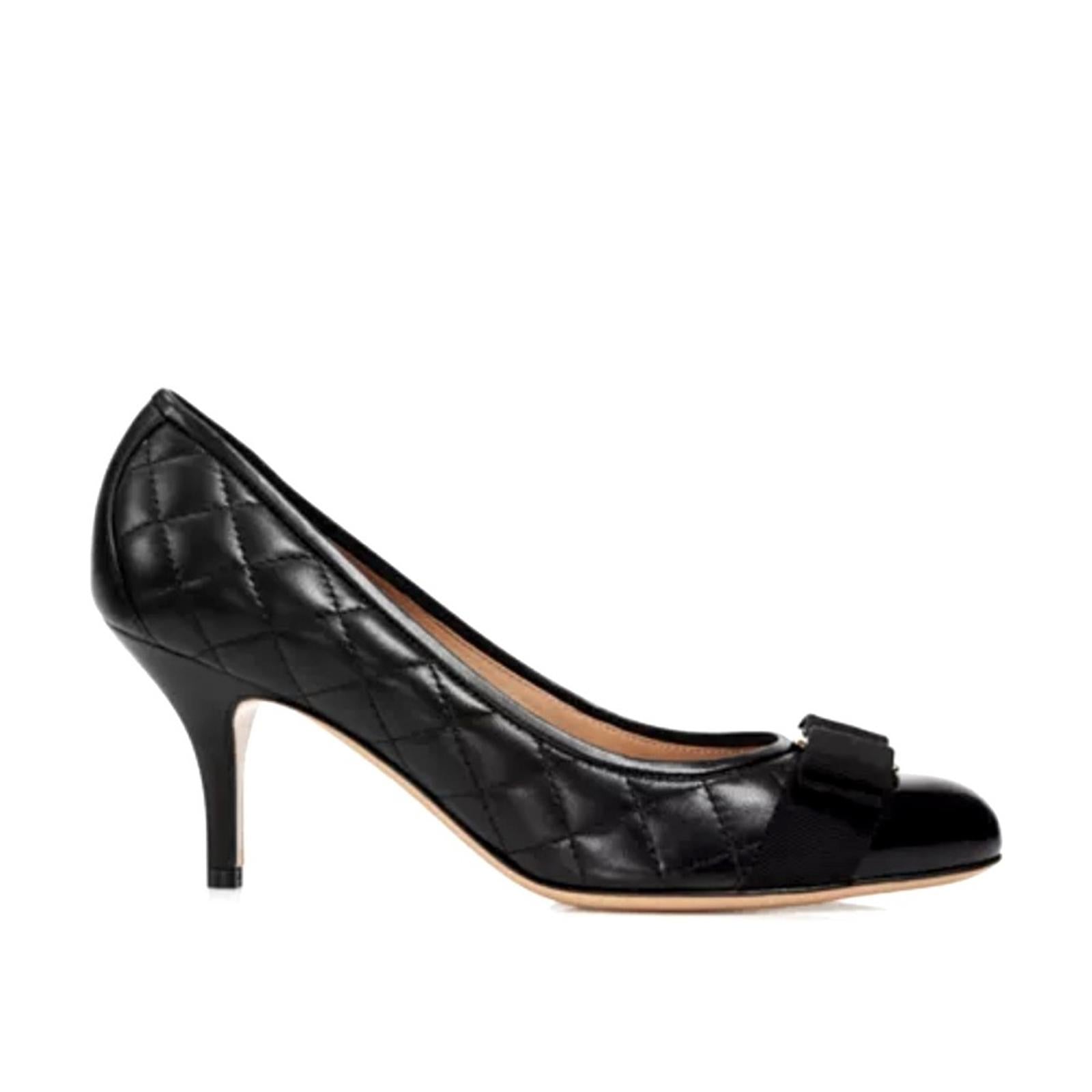 Ferragamo Carla Quilted Leather Cap Toe Pumps in Black, NWT, Size 11 B