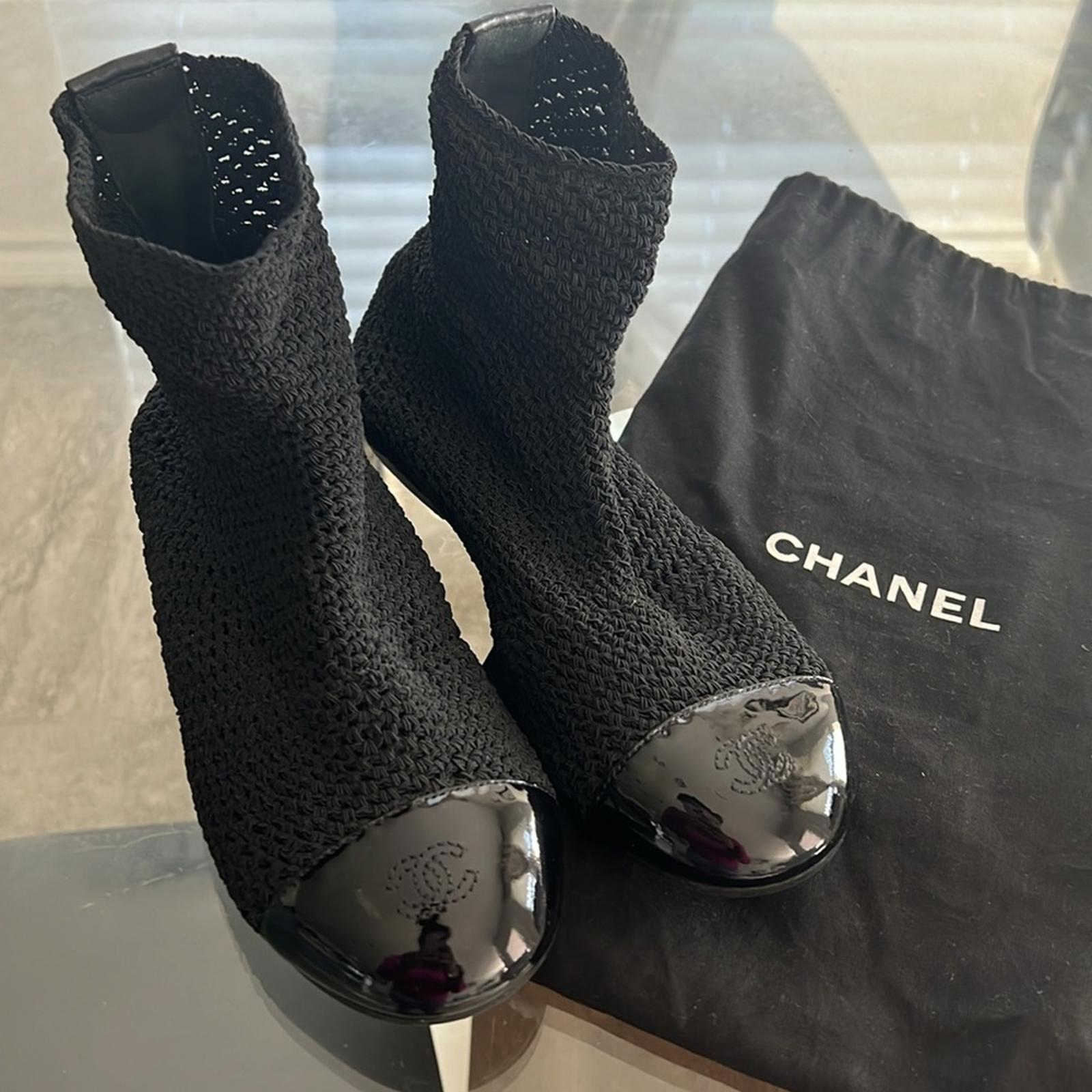 Rare CHANEL Crochet Patent Leather Cap Toe Sock Booties in Black, Size 35