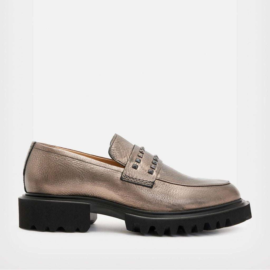 AllSaints Lola Studded Apron Toe Loafers, Pewter Size EU41 (Sold Out) New in Box