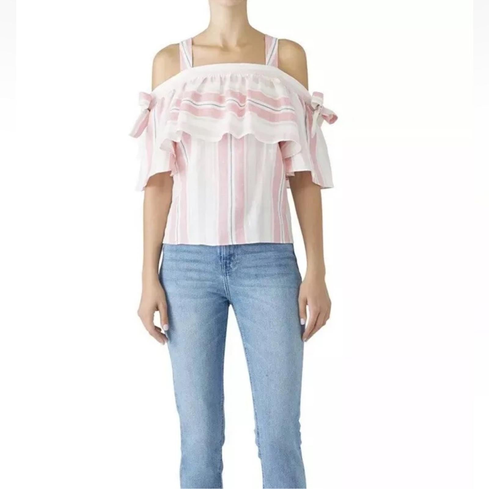 Parker 100% Linen Striped Scotlyn Off-the-Shoulder Top, Pink/White Size S Retail