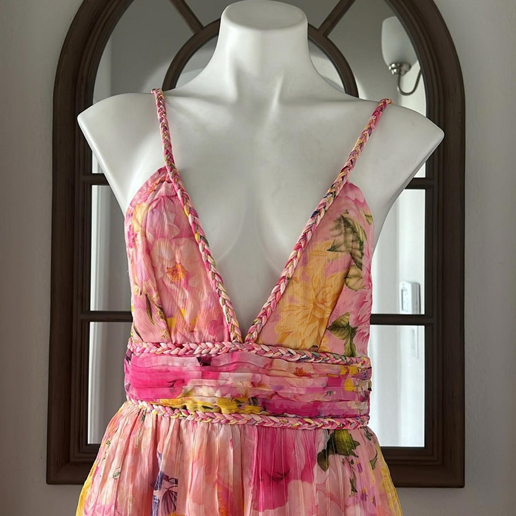 Rococo Sand x Revolve Leona Floral Low Back Maxi Dress in Peach/Pink Size M NWT