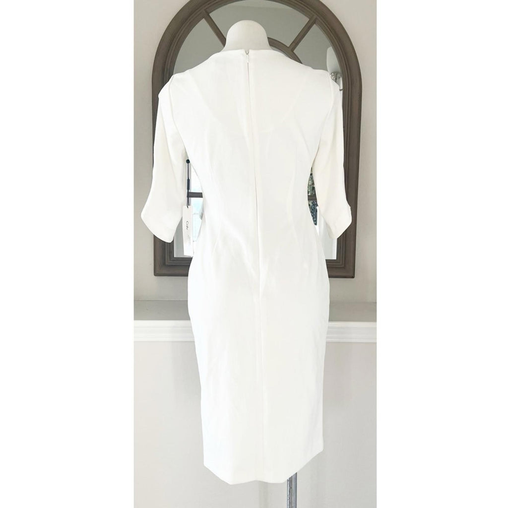 Calvin Klein WHITE Zippered 3/4 Sleeve V-Neck Midi Sheath Dress, Size 4 NWT $134