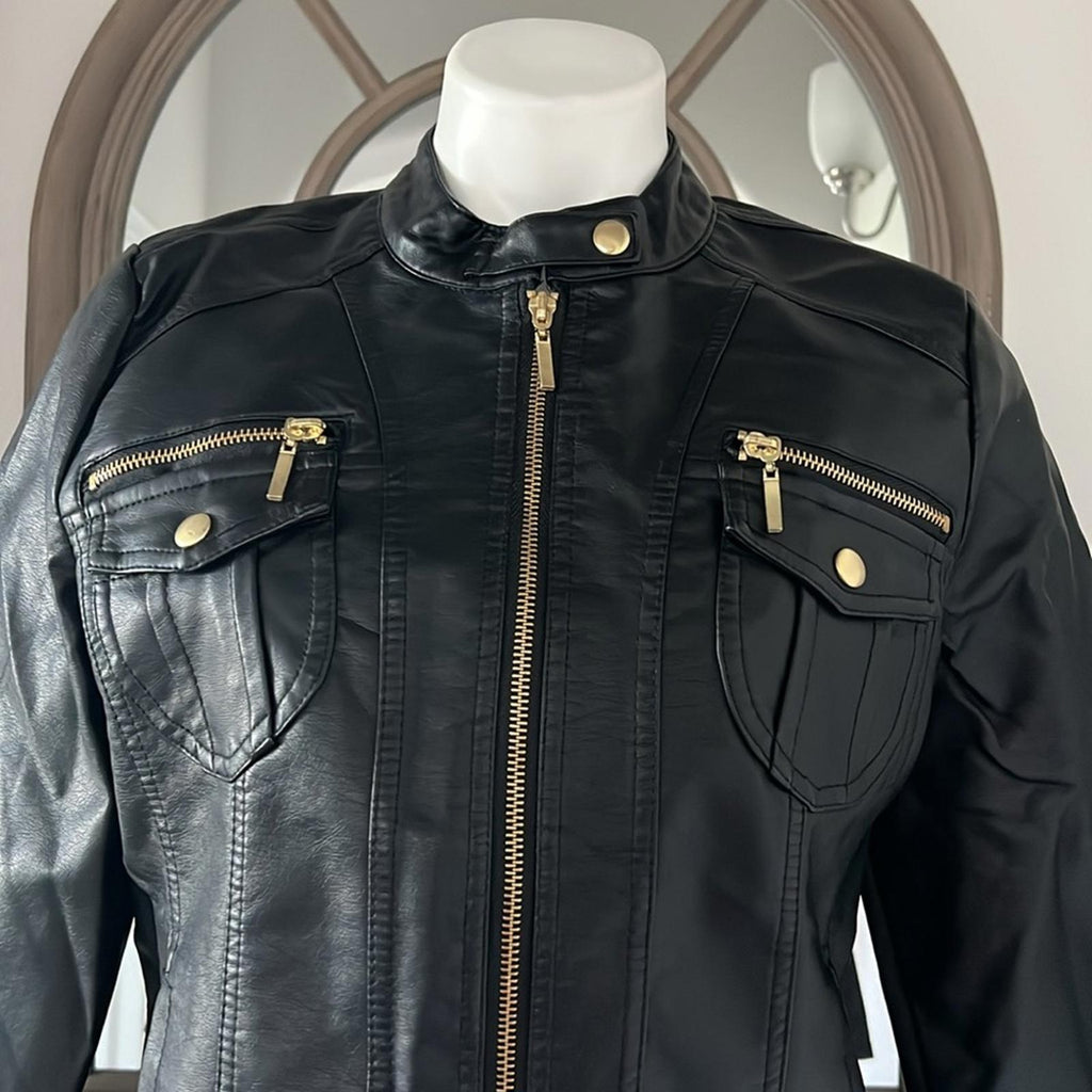 NEW LOOK Faux Leather Jacket in Black+Gold Tone Hardware, Size XL  New w/o Tag