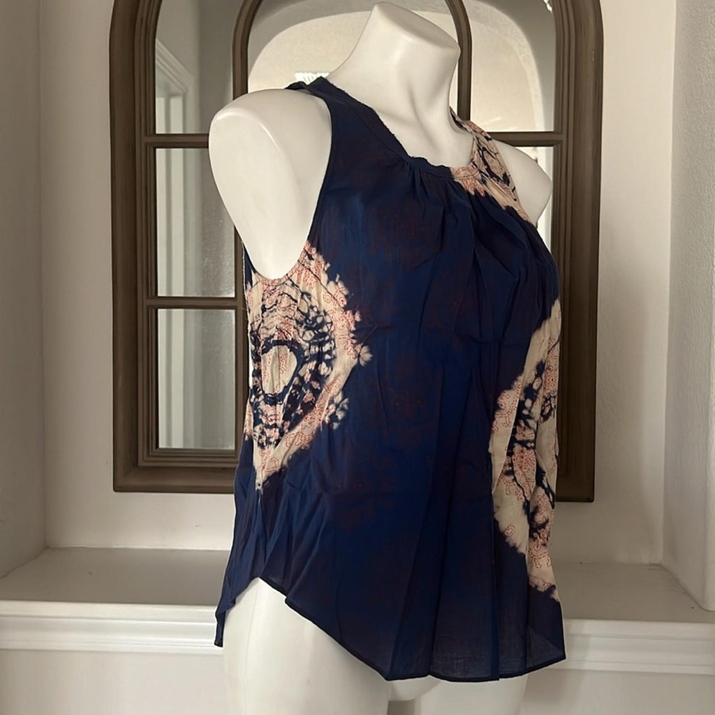 Raquel Allegra Voile Block Print Shirred Sleeveless Top, Blue/Red Size 0 $132.50