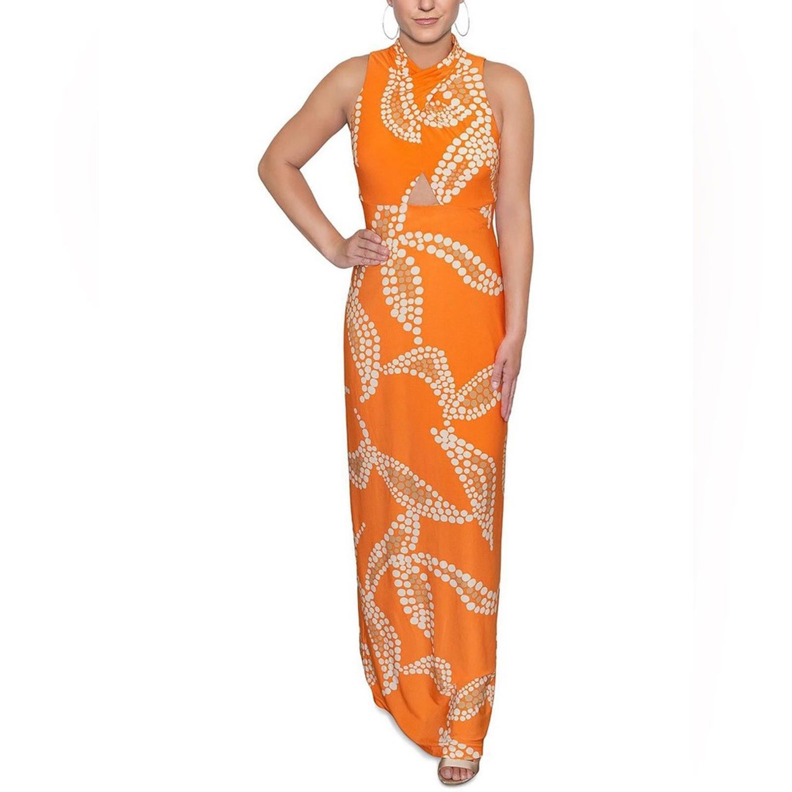 Rachel Roy Bird of Paradise Halter Maxi Dress in Orange Multi, Size S NEW $129