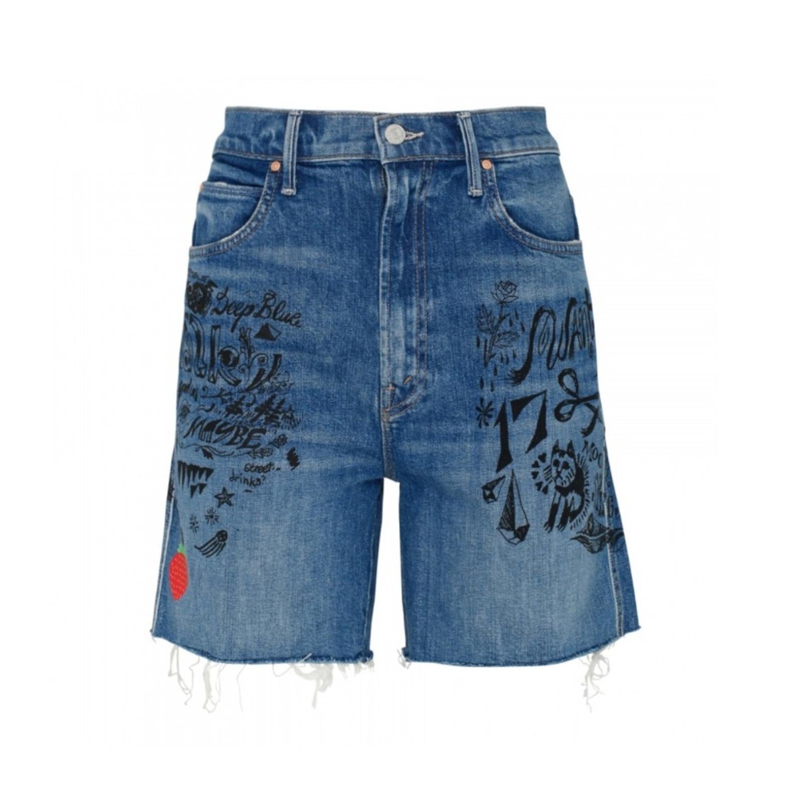 Mother High-Waisted Smokin’ Short Fray Jeans w/Strawberry Patch, Size 26 NWT