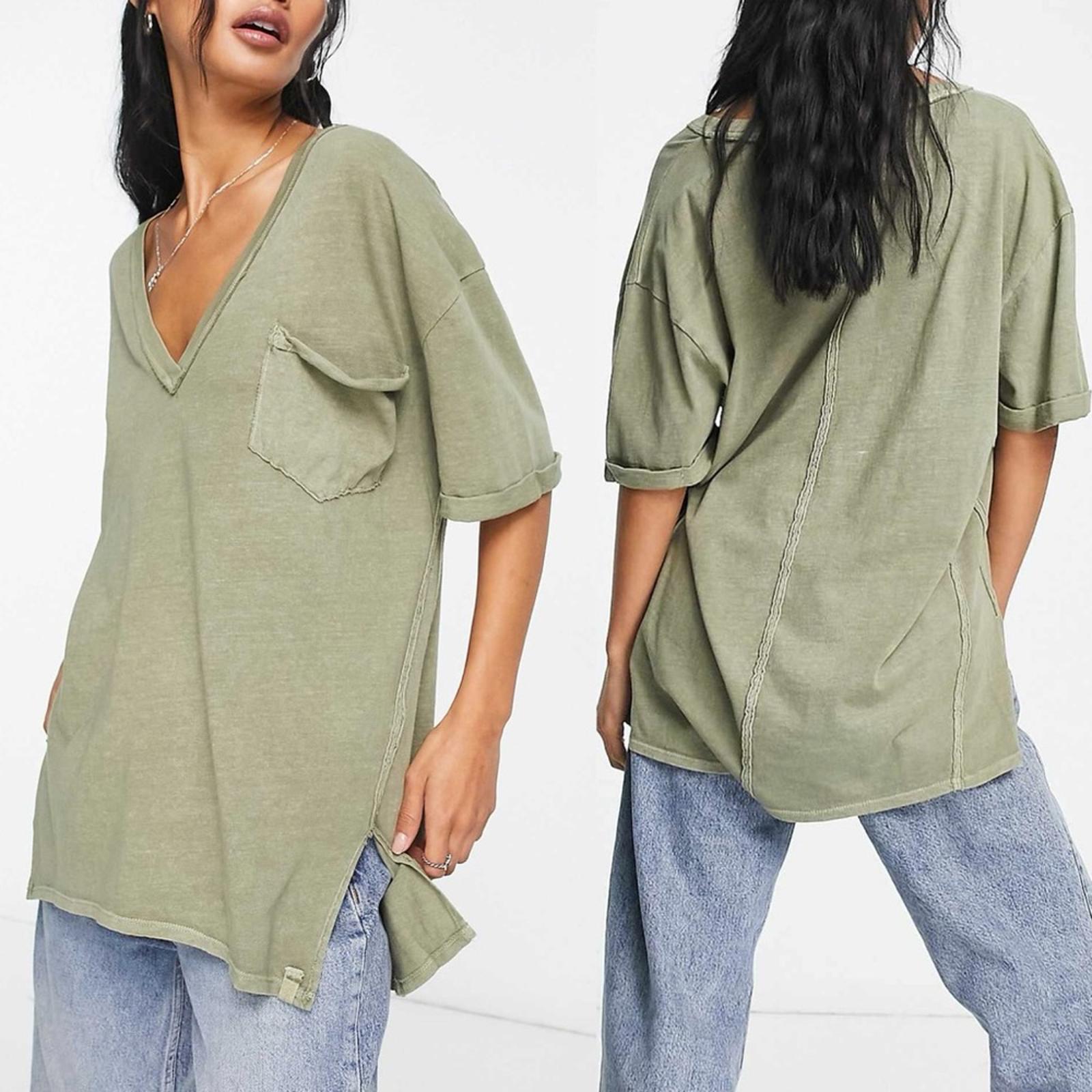 Free People Slouchy V-neck T-shirt in Khaki, Size M NEW w/Tag