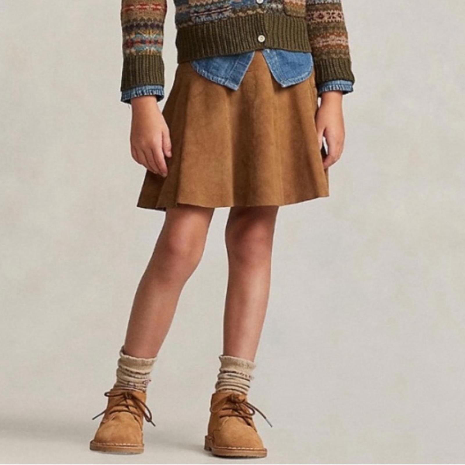 Polo Ralph Lauren Goat-Suede Leather Skirt Girls' Size 3, Maple New w/Tag $245