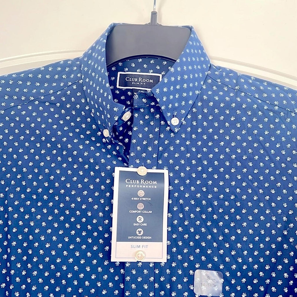 Club Room Ditsy Floral Button Down Dress Shirt Navy White, Size S (14-14.5) NWT