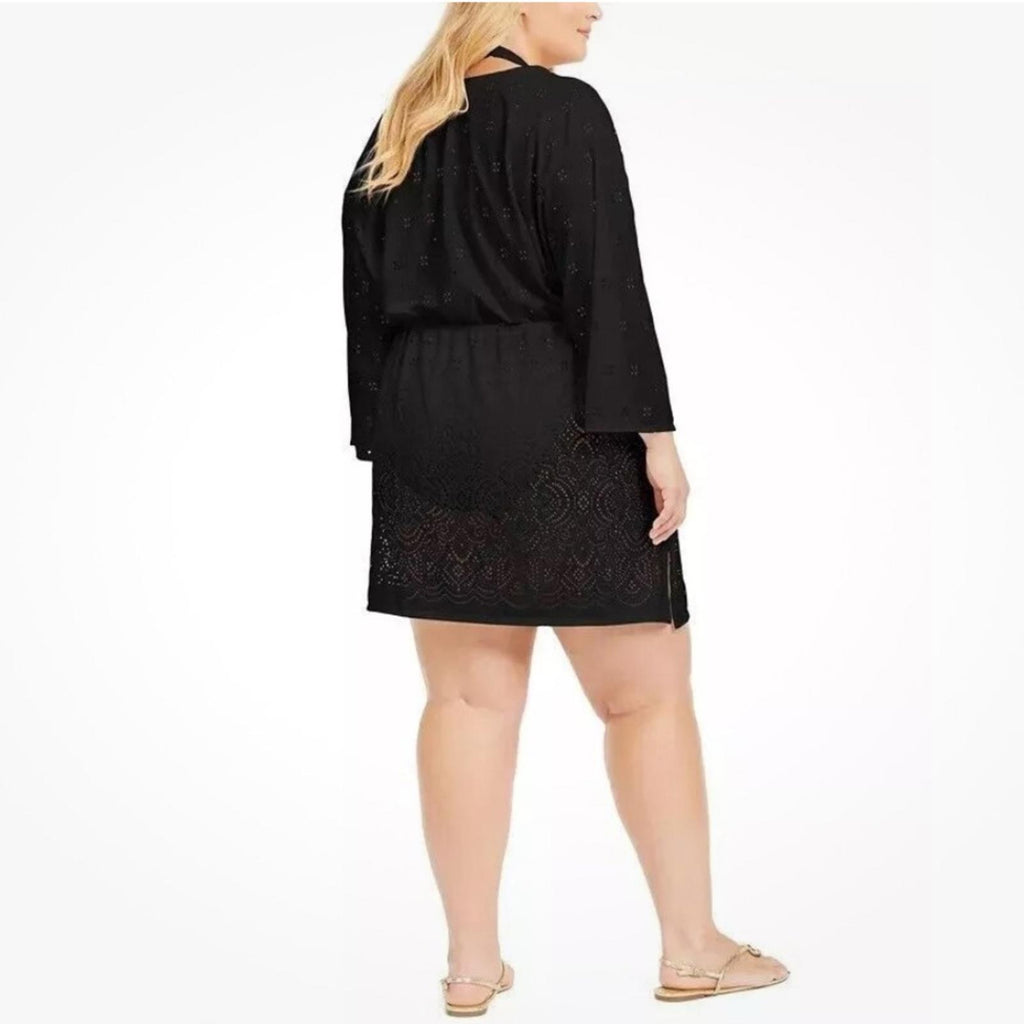 Dotti Solid Plunge Neck Swimsuit Cover-Up in Black, Plus Size 1X NEW w/Tag