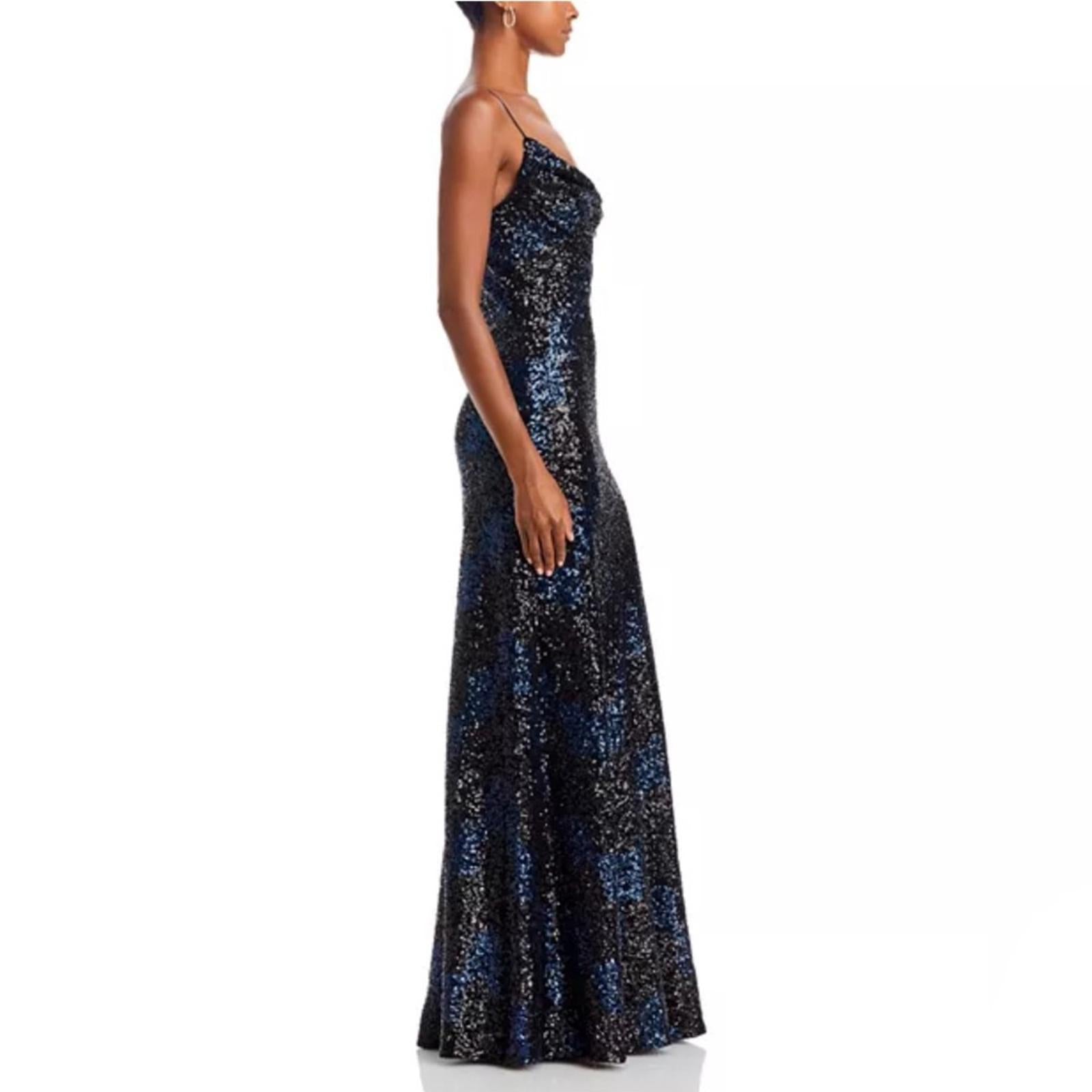 Halston Syrena Gown in Wave Sequined , Black/Navy Size 12 New w/Tag Retail $595