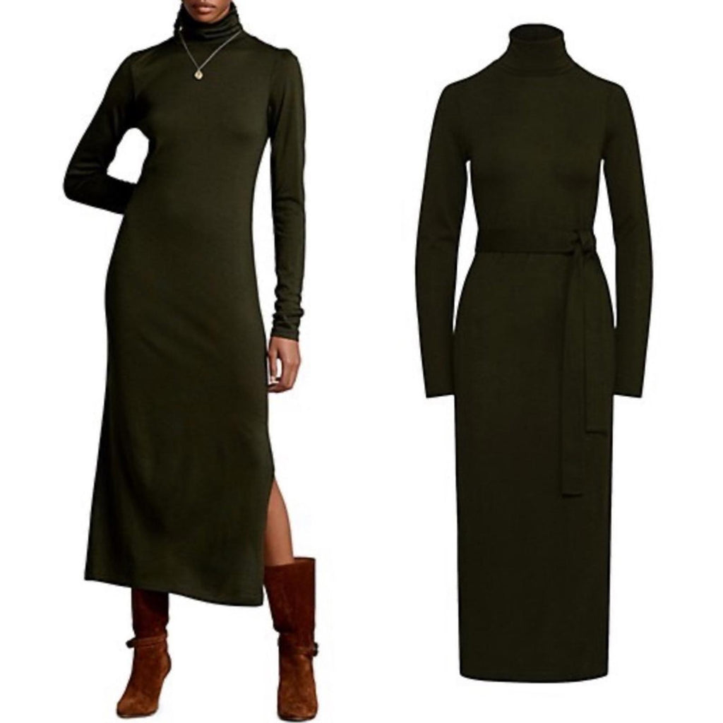 Polo Ralph Lauren Wool-Blend Turtleneck Midi-Dress in Olive Green, Size L, NEW