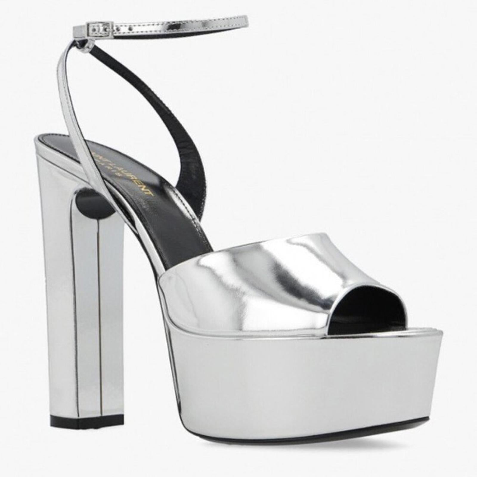 Saint Laurent Jodie Platform Sandals in Metallic Silver, Size 41 NEW +2 DustBags