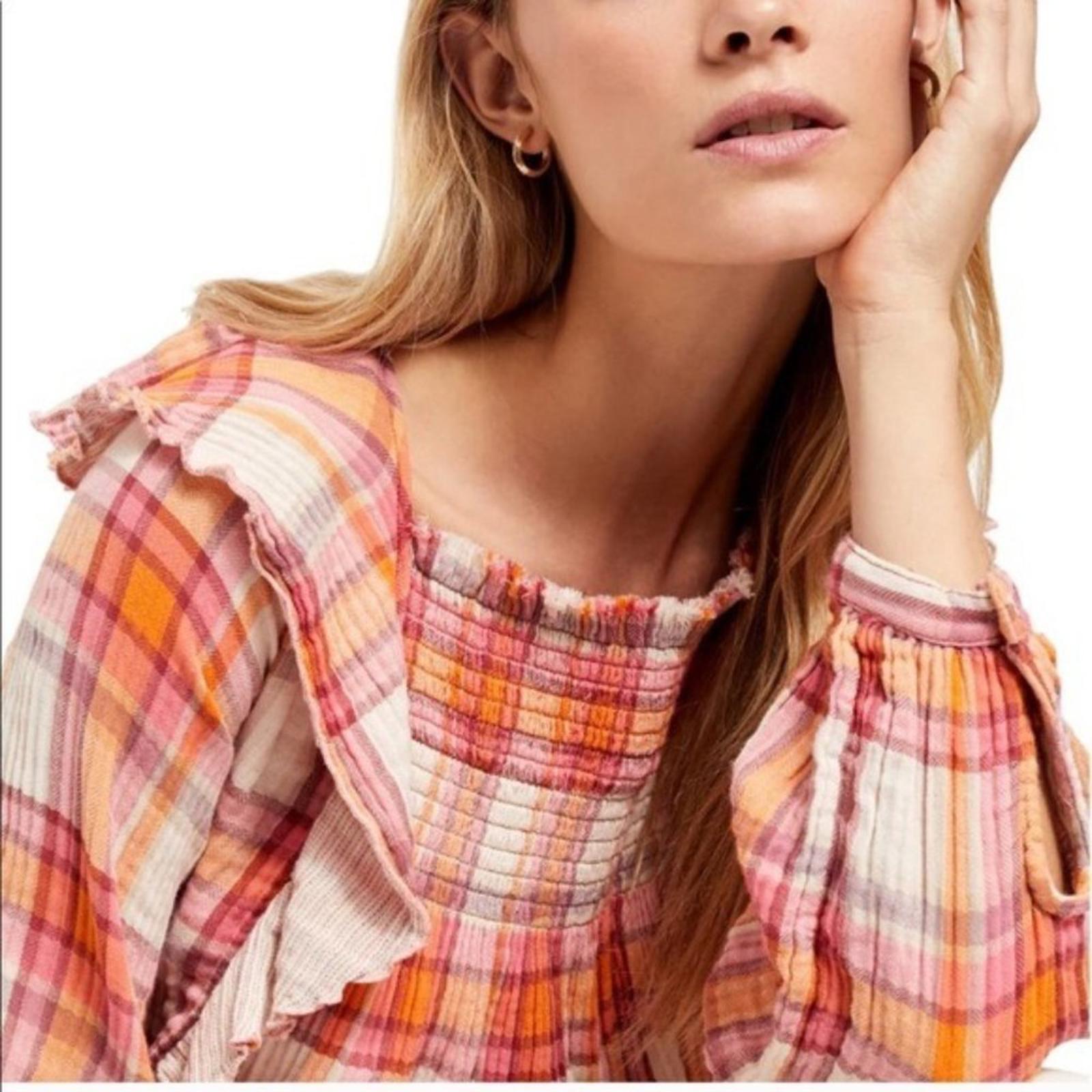 Free People Plaid Ruffle Top Long Sleeve Size L NWT $118.00