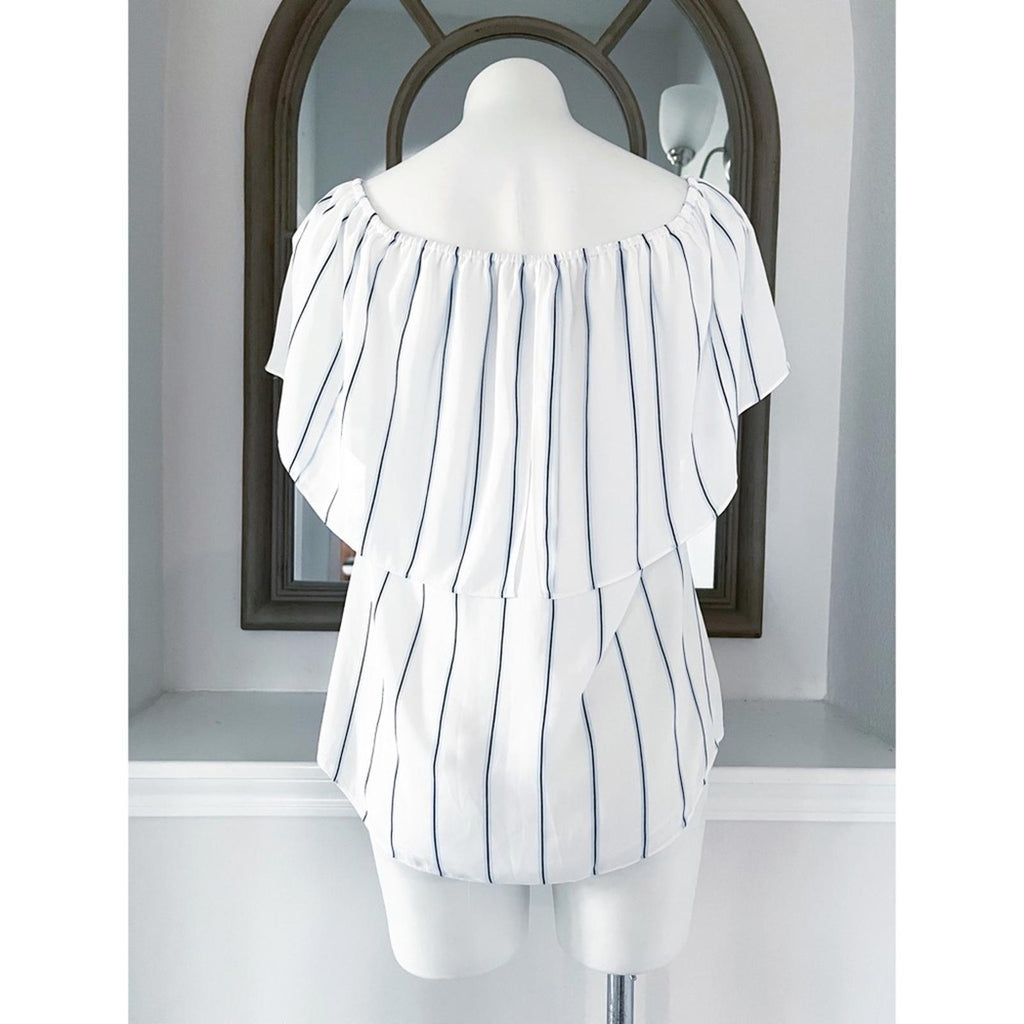 WHBM Off-The-Shoulder Stripe Blouse, White Blue Size XS Retail $99