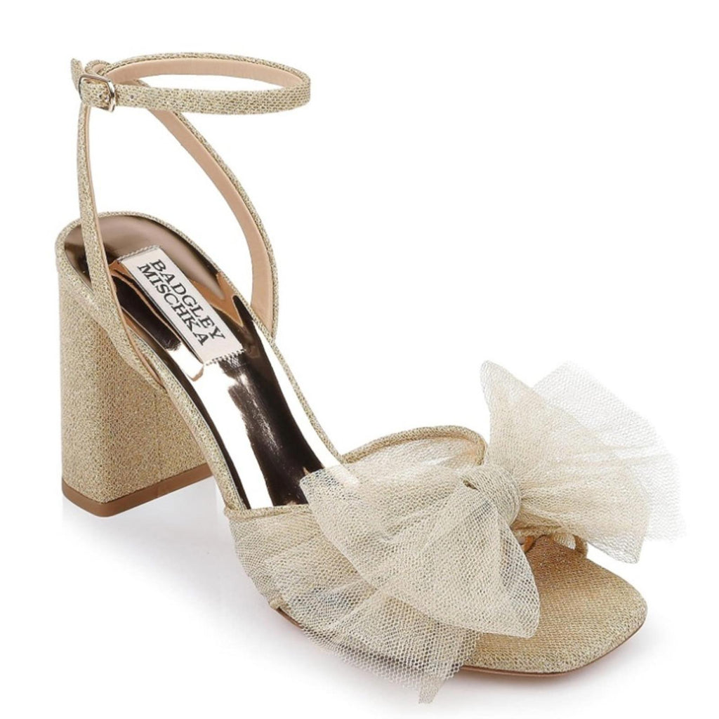 Badgley Mischka Tess Tulle Bow Block Heel Sandals in Gold Size 11 New in Box