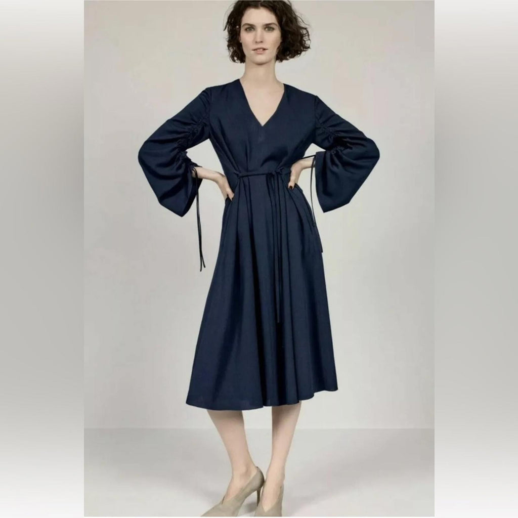 TIBI Ruched Convertible Bell Sleeve Cinched Stretch Crepe Dress Size 10 NWT $595