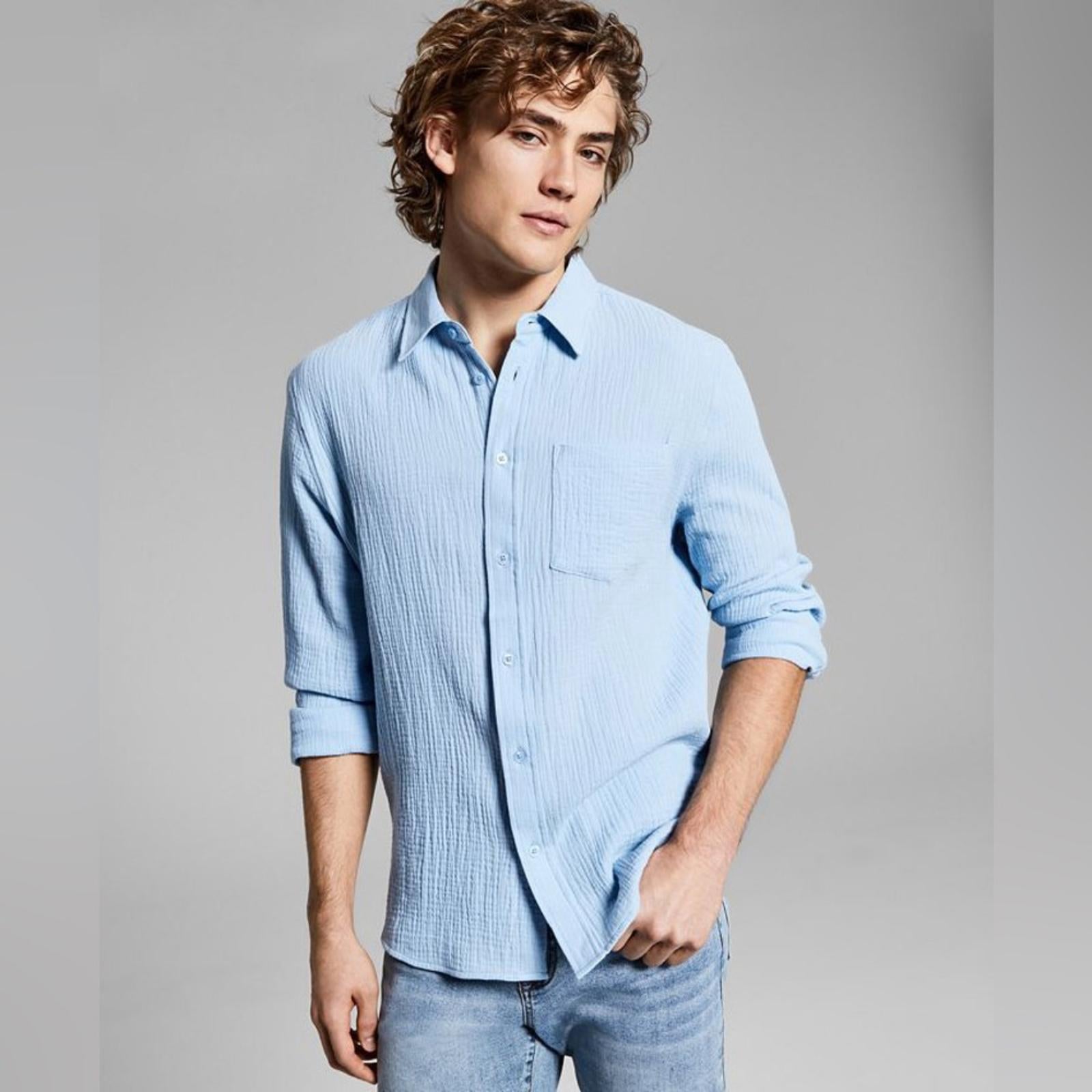 And Now This Men's Long-Sleeve Seersucker Shirt in Light Blue Size XXL New w/Tag