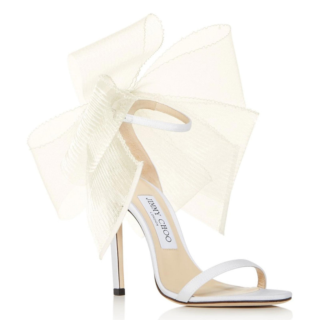 Jimmy Choo Aveline 100 Sandals w/Asymmetric Grosgrain Mesh Fascinator Bows NEW