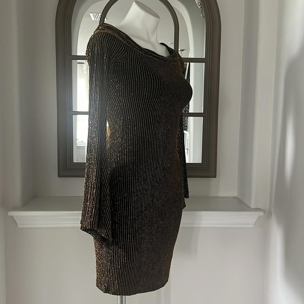 BCBGMaxazria Ellena Metallic Striped Off-the-Shoulder Dress, Size XS New w/Tag