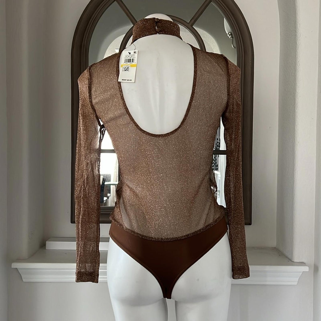 Royalty by Maluma Sheer Metallic Bodysuit, Metallic Gold Size M New w/Tag