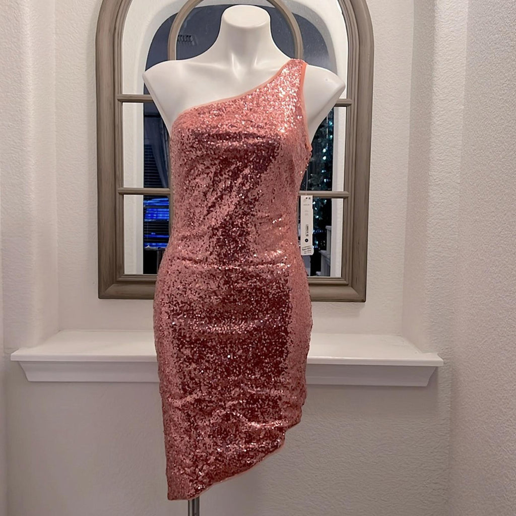Bloomingdale’s Aqua Asymmetrical Sequined Dress, One Shoulder in Pink Size S NWT