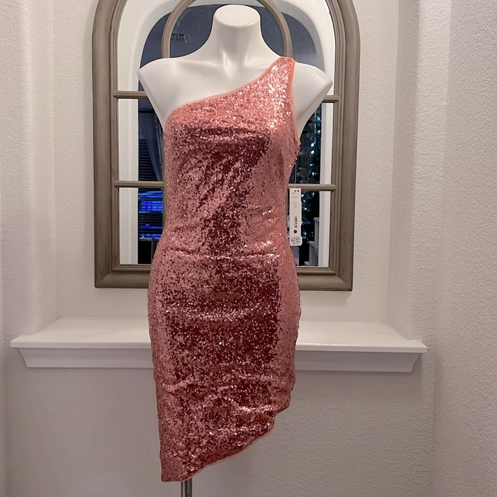 Bloomingdale’s Aqua Asymmetrical Sequined Dress, One Shoulder in Pink Size S NWT