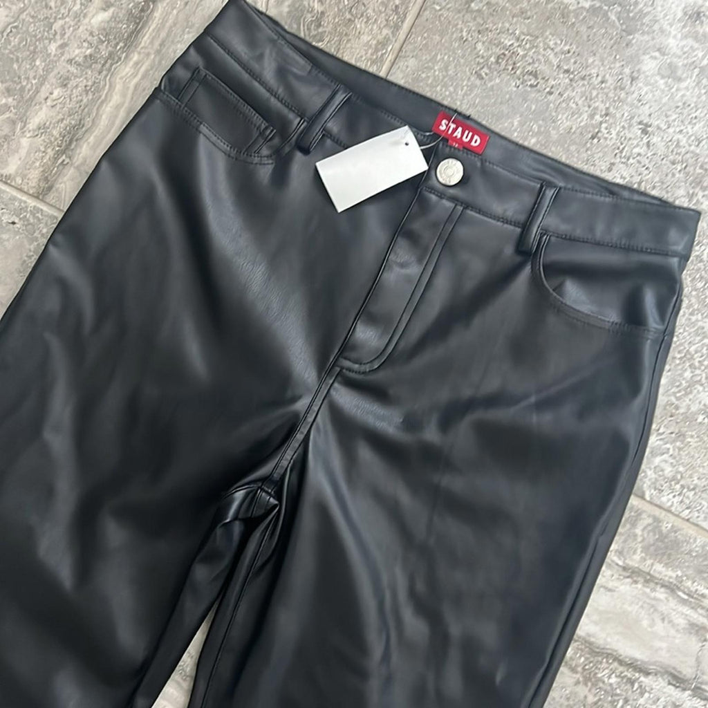 Staud Chisel Vegan Leather Straight-Leg Pants, Black High Waist Size 12 NEW $350