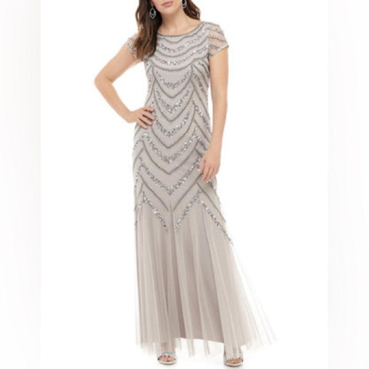 Adrianna Papell Women's Chevron Bead Gown Maxi Dress Size 16, New w/Tag $249
