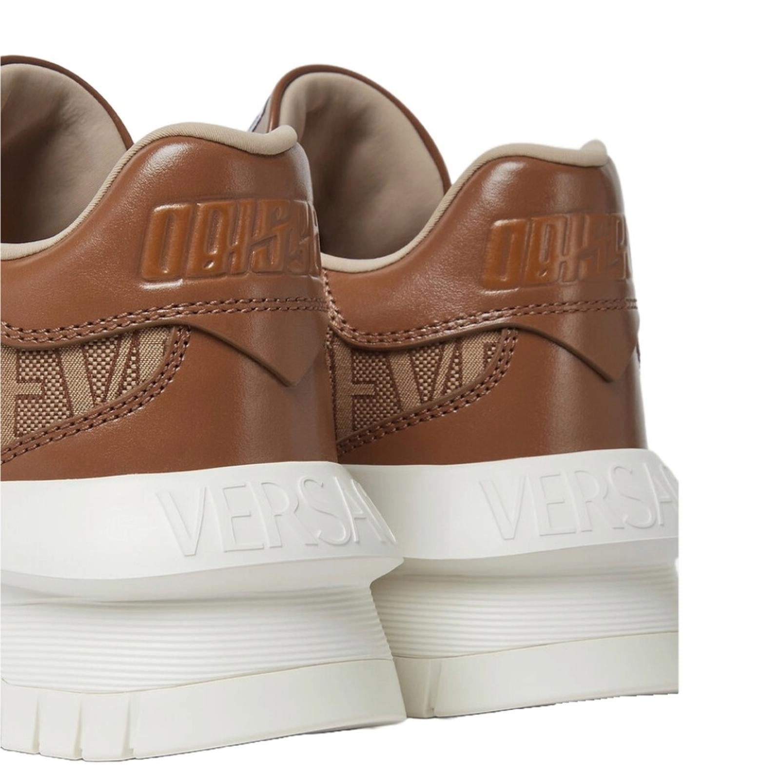 Versace AllOver Logo Odissea Low-Top Men’s Sneakers, Beige-Brown, New, Size 42.5