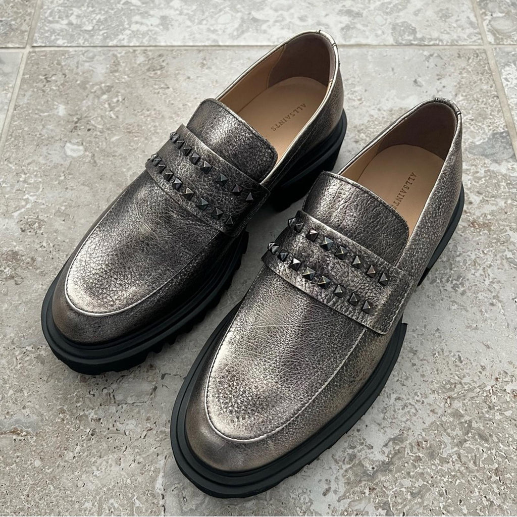 AllSaints Lola Studded Apron Toe Loafers, Pewter Size EU41 (Sold Out) New in Box