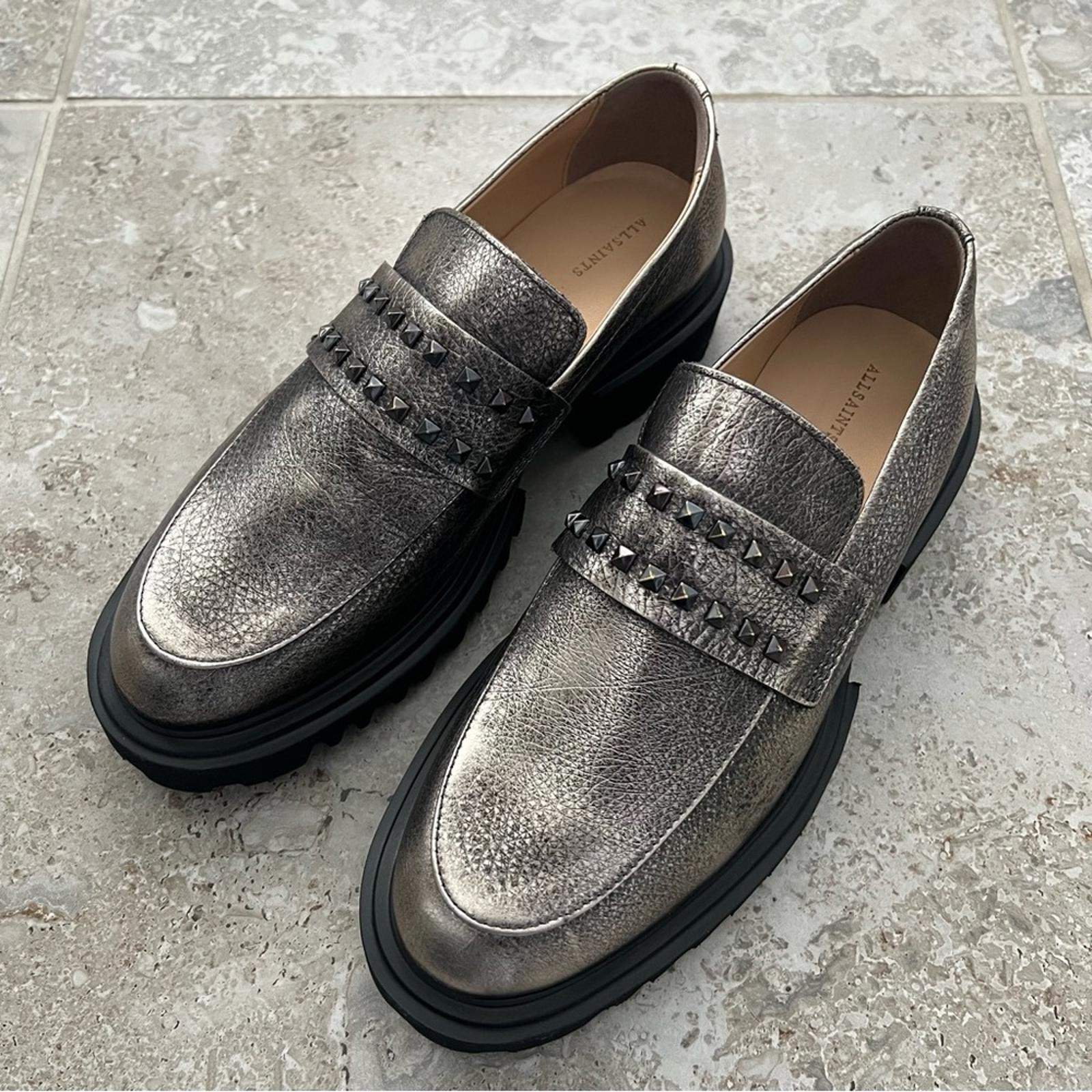 AllSaints Lola Studded Apron Toe Loafers, Pewter Size EU41 (Sold Out) New in Box