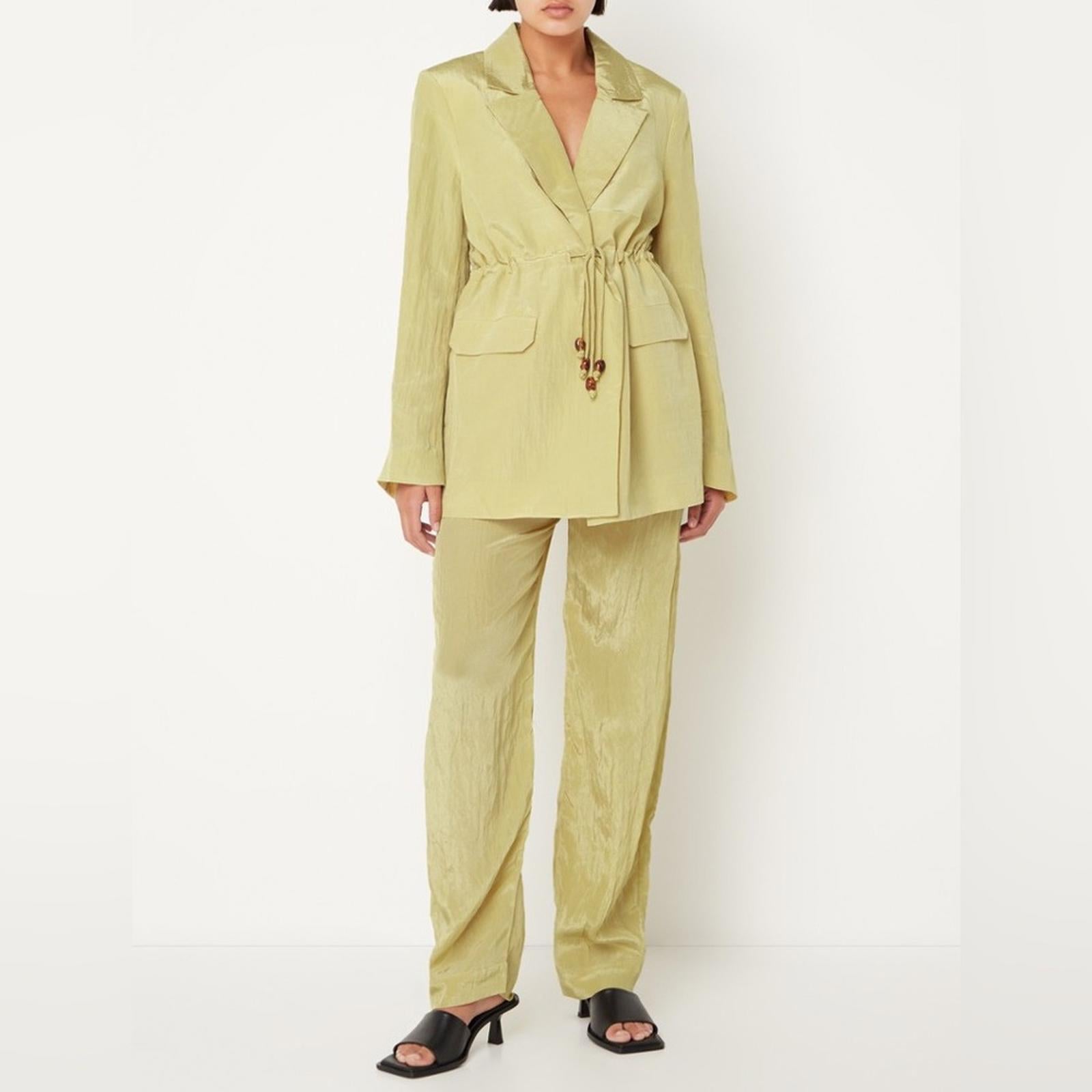 Ganni Bead-Embellished Crinkled Shell Shiny Blazer, Leek Green, Size 46 New wTag