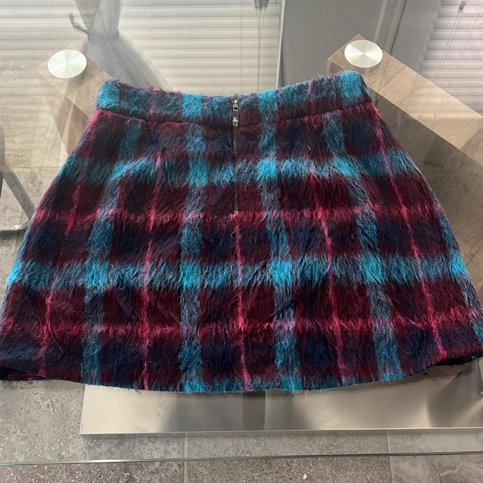 Ramy Brook Cienna Plaid Wool Blend Skirt Sangria/Gemstone Size 10 New w/Tag