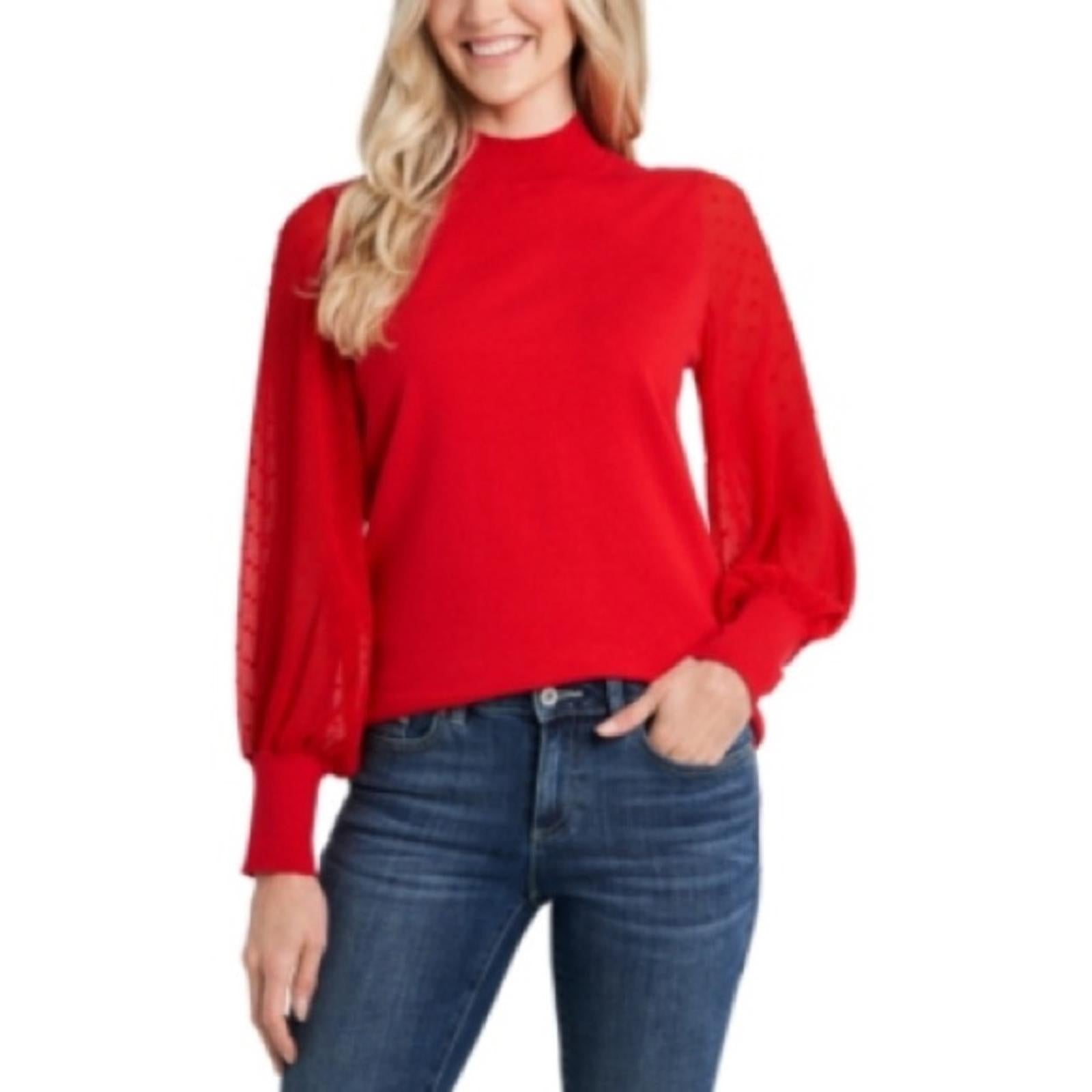 CeCe Clip Dot Sleeve Crewneck Sweater in Red, New w/Tag