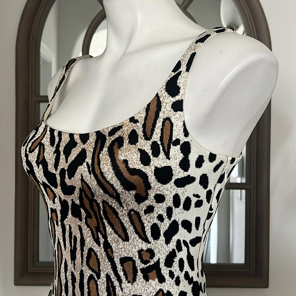 St. John Margay Animal Print Midi Dress in Brown Multi, Size 2 NEW w/Tag $1,295
