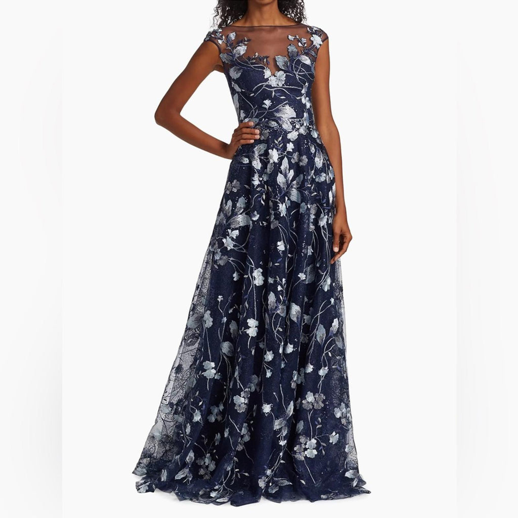 Teri Jon Embroidered Mesh Gown in Navy/Silver, NWT, Size 16