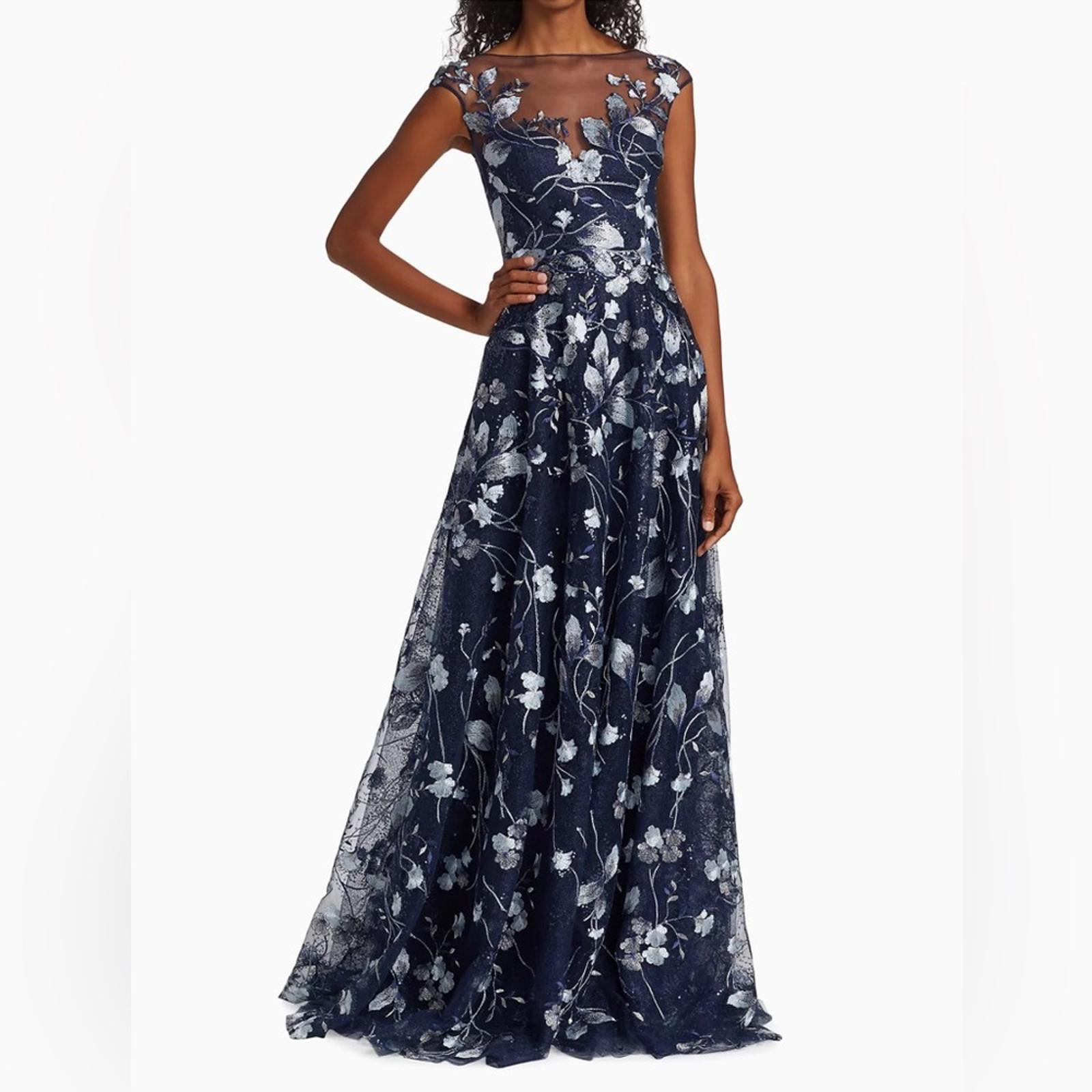 Teri Jon Embroidered Mesh Gown in Navy/Silver, NWT, Size 16